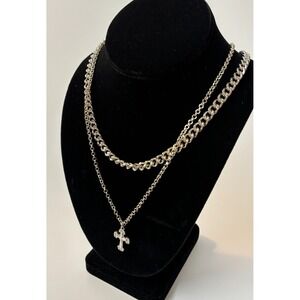 Multi Strand Necklace Chunky‎ 80s Vibes Cross Pendant